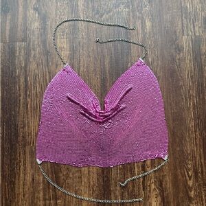 Women’s Pink Metal Sparkly Cowl Neck Backless Halter Crop Top